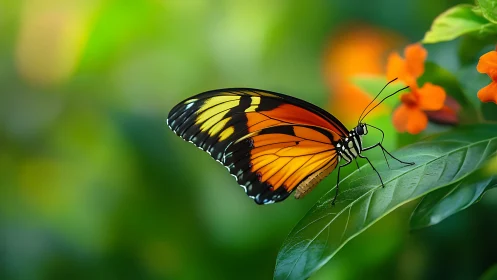 Butterfly with orange wings resting on green leaf in garden.