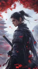 Lone samurai stands beneath crimson autumn maple canopy.