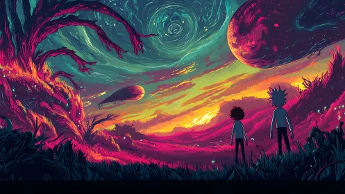 Two explorers gaze into a neon cosmic storm sky