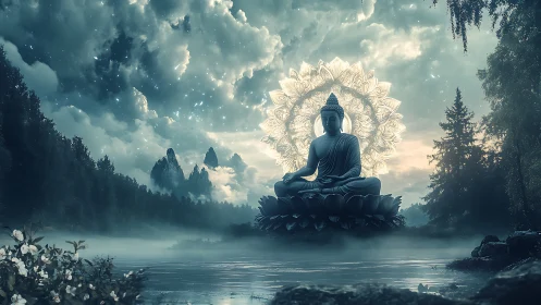 Serene Buddha statue on lotus with luminous mandala halo in mist