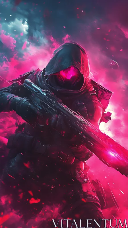Armored hooded figure with rifle in neon magenta clouds.