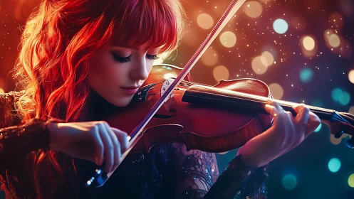 Red-haired violinist in glowing bokeh dreamscape performance.