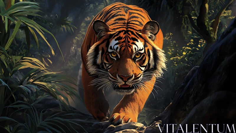 Photorealistic tiger stalking through dense jungle light.
