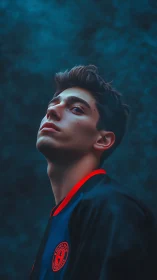 Cinematic low-key portrait with teal backdrop and red trim.