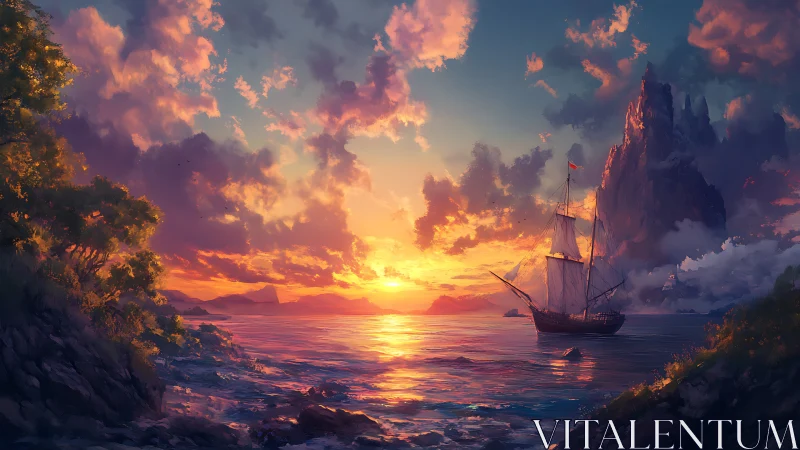 Sailing vessel near coastal cliffs under sunset sky.