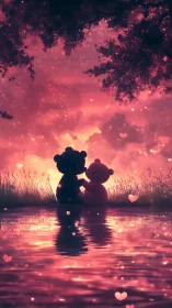 Two Teddy Bears Silhouettes at Glowing Sunset Over Water.