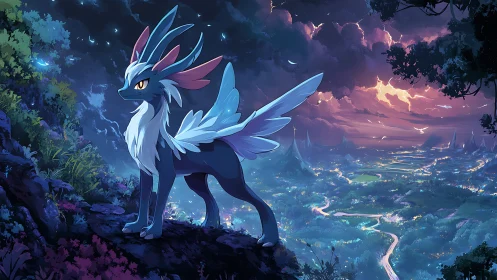 Celestial winged fox overlooking luminous fantasy valley.
