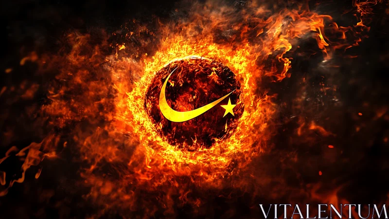 Incandescent fireball encircling crescent and star emblem in motion