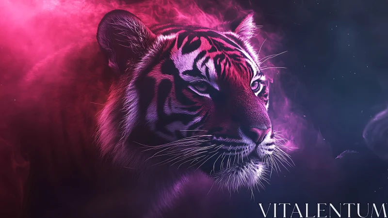 Tiger profile in pink and blue atmospheric lighting.