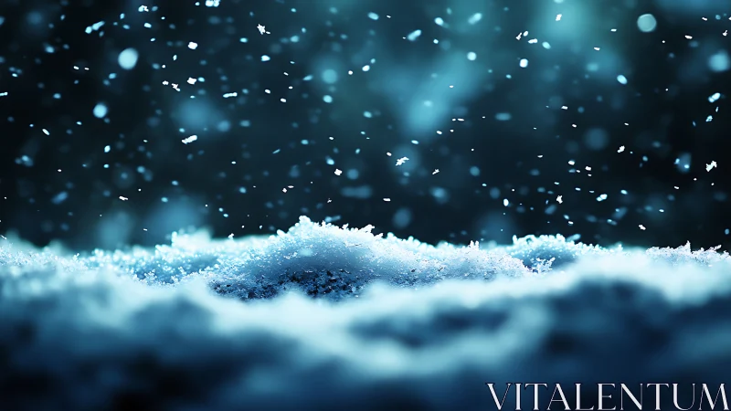 Macro snow drift under falling flakes in cool blue light.