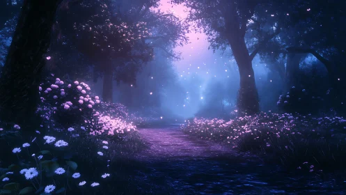 Luminescent pathway glows through twilight forest.