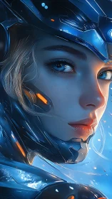 Cyborg pilot portrait shows detailed blue armored helmet