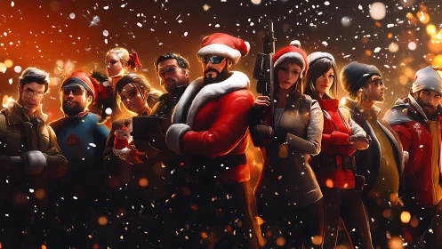 Holiday strike team glows in cinematic snowfall blaze.