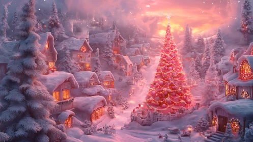 Snowy village square with glowing pink Christmas tree.