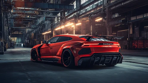 Red widebody supercar in moody industrial warehouse setting.
