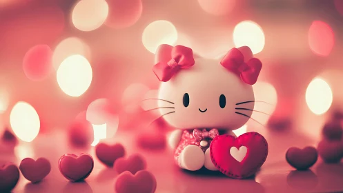 Kitty Whispers Love Through Crimson Hearts and Golden Bokeh