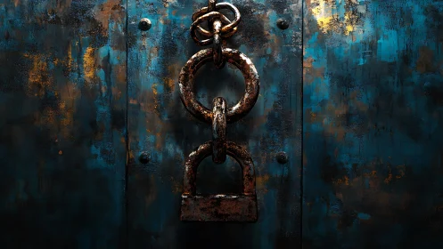 Rustbound lock and chain against moody teal metal door.