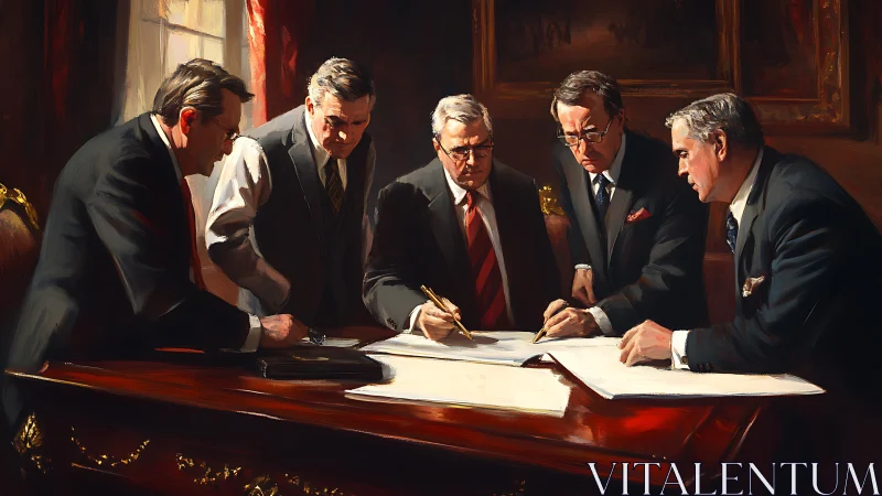 Five executives engaged in formal document review and negotiation at mahogany conference table