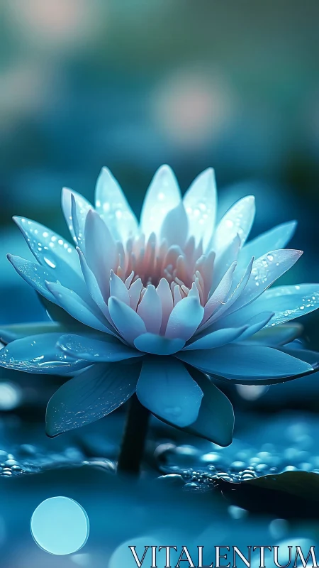 Glowing blue lotus resting softly on a tranquil evening pond.
