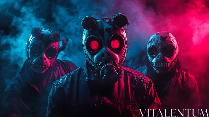 Gasmasked carnival phantoms in neon fog stare back at you.