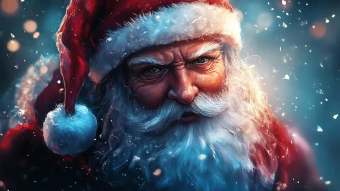 Digital painting portrait of intense Santa in arctic glow.