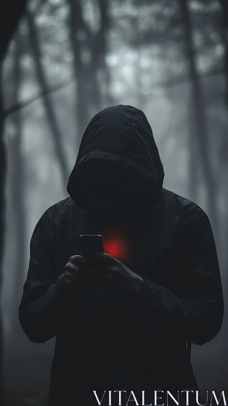 Hooded figure with glowing phone in fog-dense forest gloom