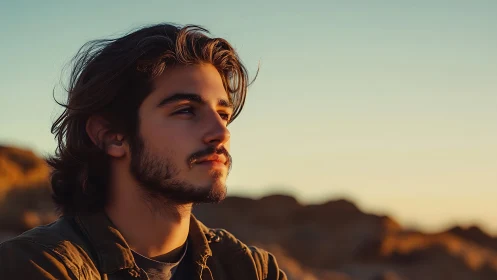 Young man with medium hair looks sideways in sunset light