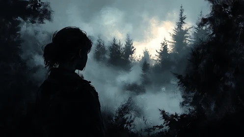 Moody digital painting of lone figure in misted conifer forest.