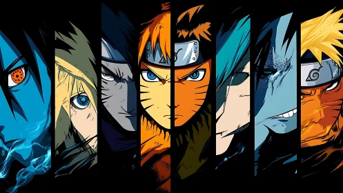 Segmented close-up collage of stylized ninja faces in rows.