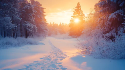 Winter sunrise trail glowing through quiet snowy forest.