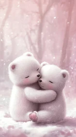 Two adorable polar bears hugging in snowy pink forest.