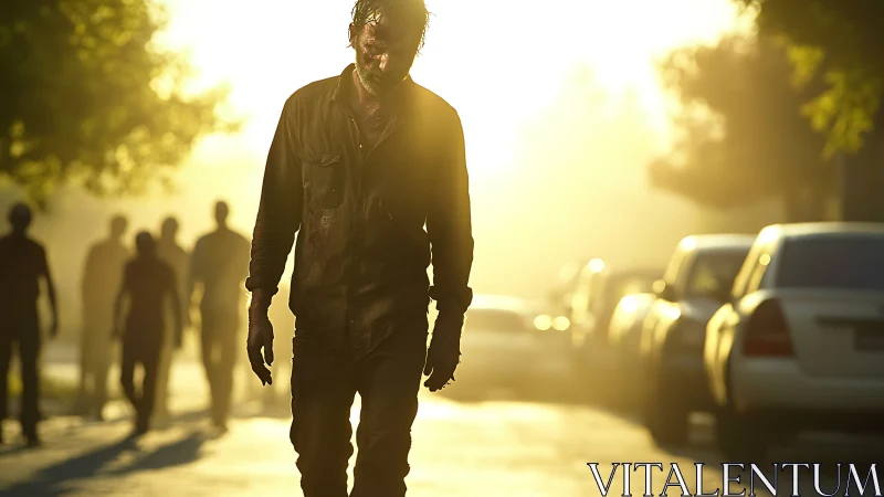 Sunlit urban zombie horde advances through empty street.