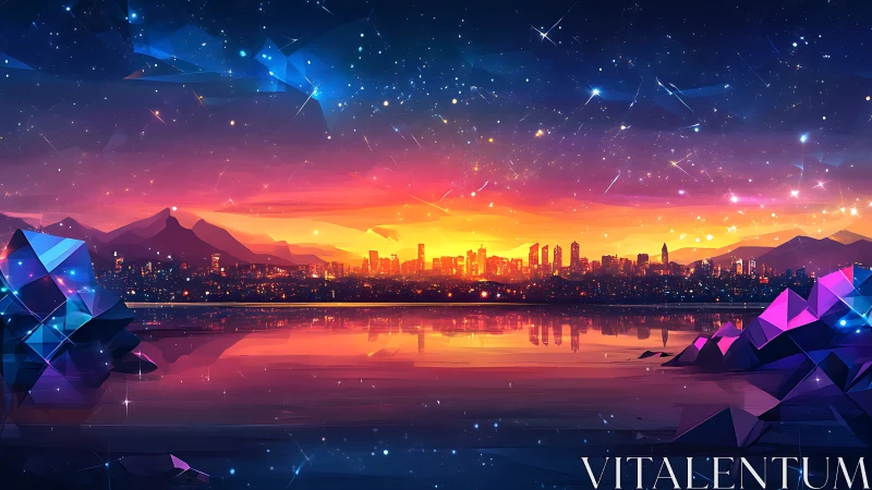 Dreamy neon city sunset mirrored on a crystal shoreline.