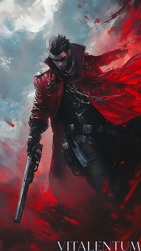 Gun-wielding figure in red coat amid abstract red cloudscape.