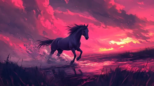 Wild dusk gallop through a glowing crimson dreamscape.