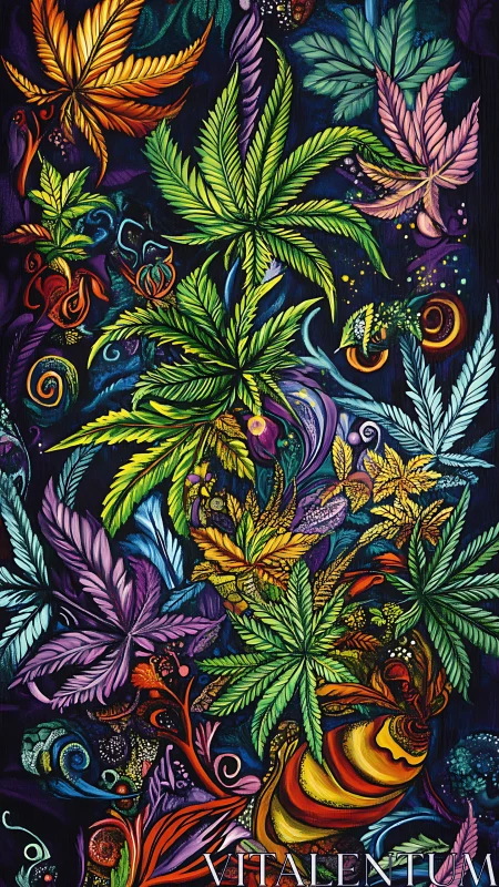 Psychedelic cannabis leaves in dense swirling pattern.