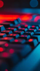 Oblique macro study of RGB-backlit mechanical keyboard with bokeh