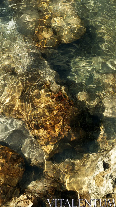 Sunlit rocks remain visible beneath shallow rippling water