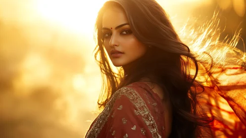 Woman in Traditional Saree with Flowing Hair at Golden Sunset.