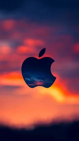 Apple logo silhouette over blurred vivid sunset sky.