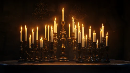 Luminous brass candelabras arranged on shadowed altar table.