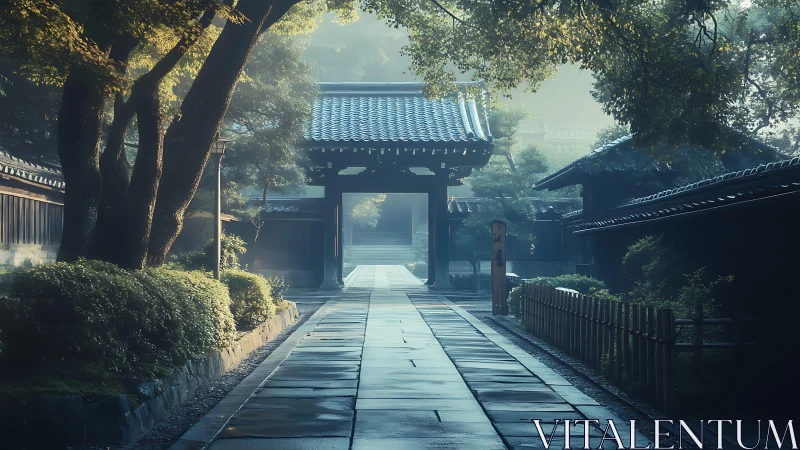 Morning walkway leading to traditional Japanese gate structure.