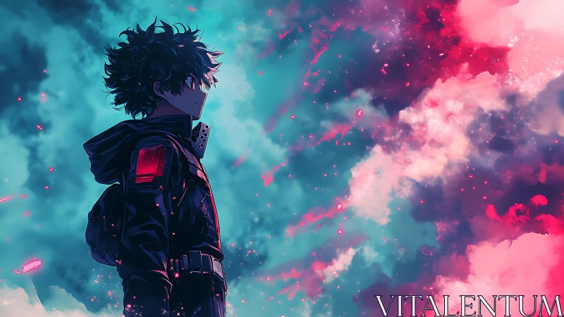 Silhouetted anime hero studies bi-chromatic cosmic storm clouds