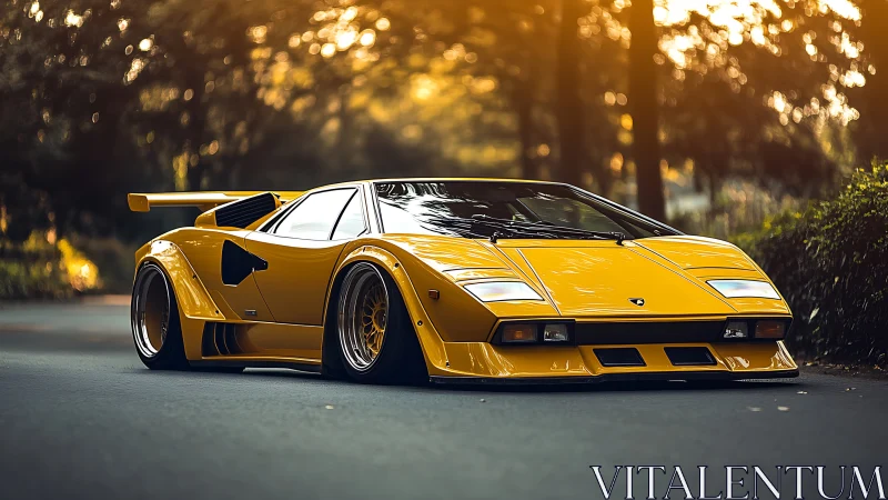 Low-slung yellow supercar glows against a golden forest road