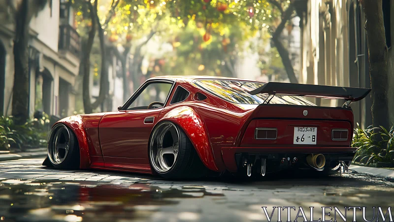 Low-slung red tuner car in sunlit urban alleyway scene.