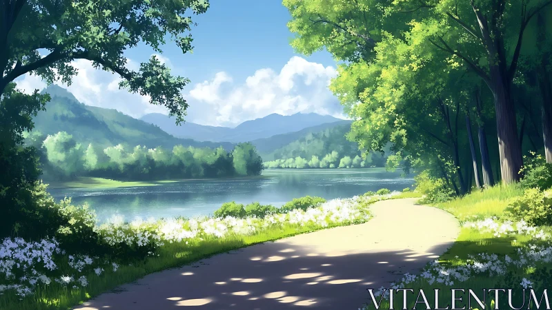 Sunlit riverside path winds through tranquil green forest.