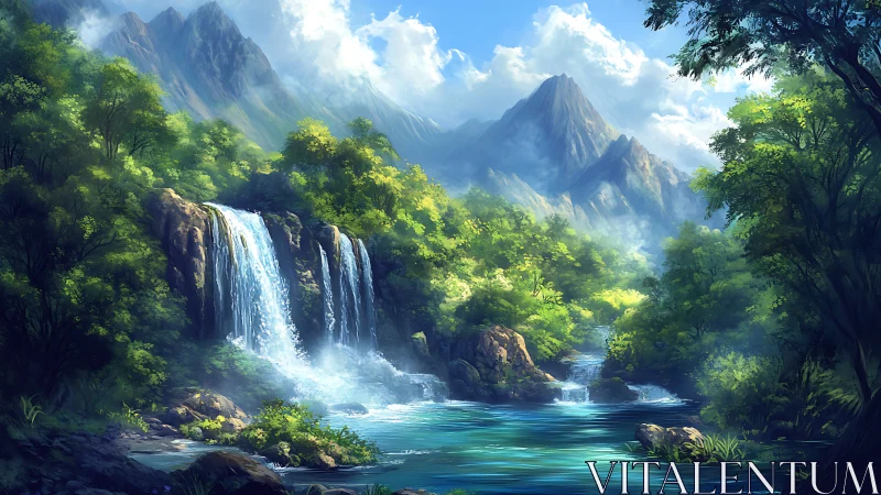 Luminous mountain waterfall landscape in layered digital painting.