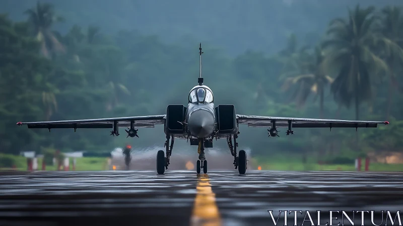 Military jet aircraft on wet runway in tropical airfield.