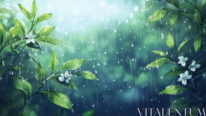 Digital painting of rain-washed foliage with white blossoms in bloom.
