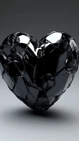 Fractured black glossy heart sculpture with jagged crystalline surface